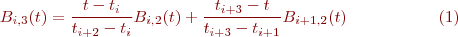 \begin{equation}
\label{UnifBsplineBaseFuncDeg3}
B_{i,3}(t) = \frac{t-t_i}{t_{i+2}-t_i} B_{i,2}(t) + \frac{t_{i+3}-t}{t_{i+3}-t_{i+1}}B_{i+1,2}(t)
\end{equation}