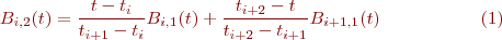 \begin{equation}
\label{UnifBsplineBaseFuncDeg2}
B_{i,2}(t) = \frac{t-t_i}{t_{i+1}-t_i} B_{i,1}(t) + \frac{t_{i+2}-t}{t_{i+2}-t_{i+1}}B_{i+1,1}(t)
\end{equation}