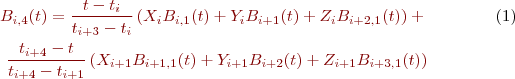 \begin{eqnarray}
\label{UnifBsplineBaseFuncDeg4}
B_{i,4}(t) = \frac{t-t_i}{t_{i+3}-t_i} \left(X_i B_{i,1}(t) + Y_i B_{i+1}(t) + Z_i B_{i+2,1}(t)\right) +  \\
\frac{t_{i+4}-t}{t_{i+4}-t_{i+1}}  \left(X_{i+1} B_{i+1,1}(t) + Y_{i+1} B_{i+2}(t) + Z_{i+1} B_{i+3,1}(t)\right) \nonumber
\end{eqnarray}
