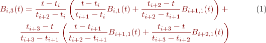 \begin{eqnarray}
B_{i,3}(t) = \frac{t-t_i}{t_{i+2}-t_i} \left( \frac{t-t_i}{t_{i+1}-t_i} B_{i,1}(t) + \frac{t_{i+2}-t}{t_{i+2}-t_{i+1}}B_{i+1,1}(t) \right) +\\
 \frac{t_{i+3}-t}{t_{i+3}-t_{i+1}} \left( \frac{t-t_{i+1}}{t_{i+2}-t_{i+1}} B_{i+1,1}(t) + \frac{t_{i+3}-t}{t_{i+3}-t_{i+2}}B_{i+2,1}(t) \right) \nonumber
\end{eqnarray}