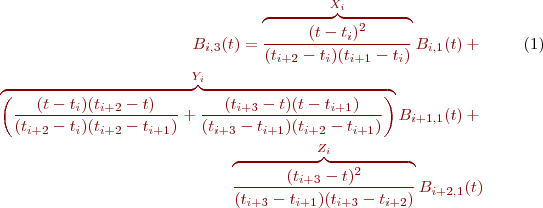 \begin{eqnarray}
\label{DeveloppedBaseDeg3}
B_{i,3}(t) = \overbrace{\frac{(t-t_i)^2}{(t_{i+2}-t_i)(t_{i+1}-t_i)}}^{X_i}B_{i,1}(t) +\\
\overbrace{\left( \frac{(t-t_i)(t_{i+2}-t)}{(t_{i+2}-t_i)(t_{i+2}-t_{i+1})} + \frac{(t_{i+3}-t)(t-t_{i+1})}{(t_{i+3}-t_{i+1})(t_{i+2}-t_{i+1})}\right)}^{Y_i}B_{i+1,1}(t) + \nonumber \\
 \overbrace{\frac{(t_{i+3}-t)^2}{(t_{i+3}-t_{i+1})(t_{i+3}-t_{i+2})}}^{Z_i}B_{i+2,1}(t) \nonumber
\end{eqnarray}